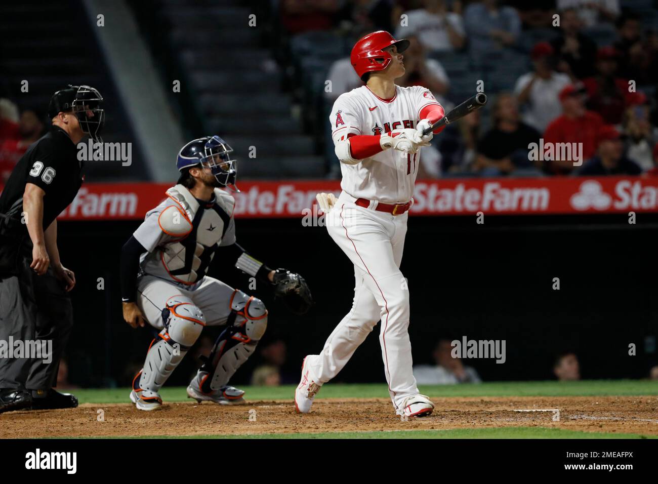 Los Angeles Angels designated hitter Shohei Ohtani wears a jersey with his  nickname SHOWTIME on the back as he bats during the Major League Baseball  game against the Houston Astros at Angel