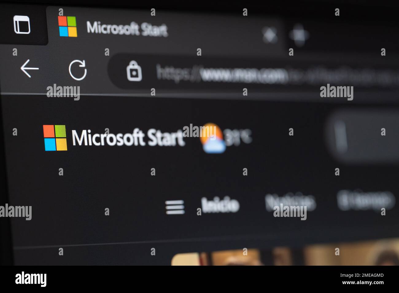 New york, USA - January 23, 2022: Microsoft edge start page on computer screen close up view background Stock Photo