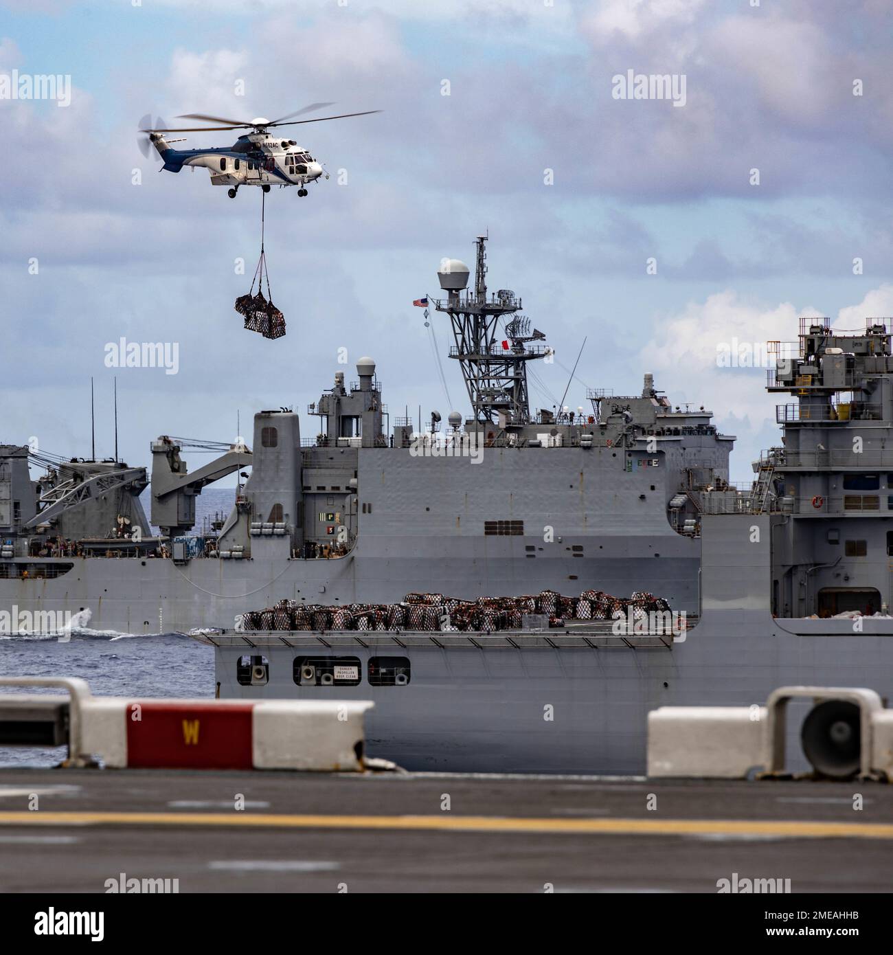 An EC255 Super Puma with the Maritime PrePositioning Force moves