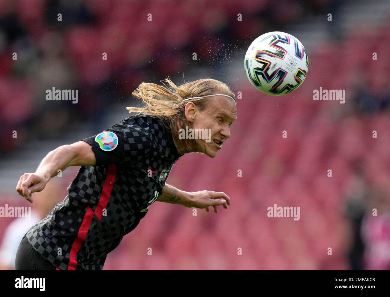 Croatia's Domagoj Vida heads the ball during the Euro 2020 soccer