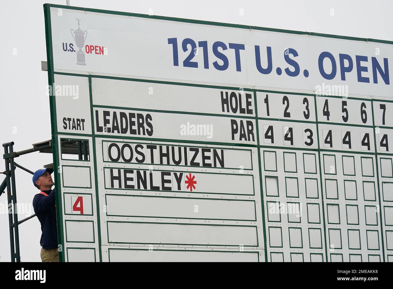 An official changes the scoreboard during the second round of the U.S. Open  Golf Championship, Friday, June 18, 2021, at Torrey Pines Golf Course in  San Diego. (AP Photo/Gregory Bull Stock Photo -