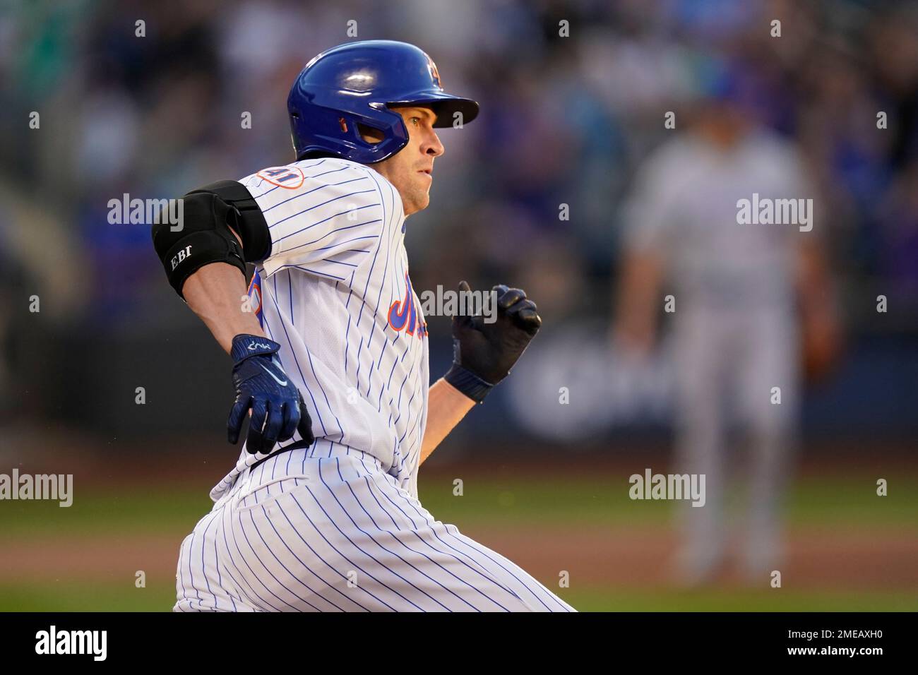 New York Mets' Jacob deGrom rounds first, but stops on an RBI single during  the second inning of the team's baseball game against the Chicago Cubs on  Wednesday, June 16, 2021, in