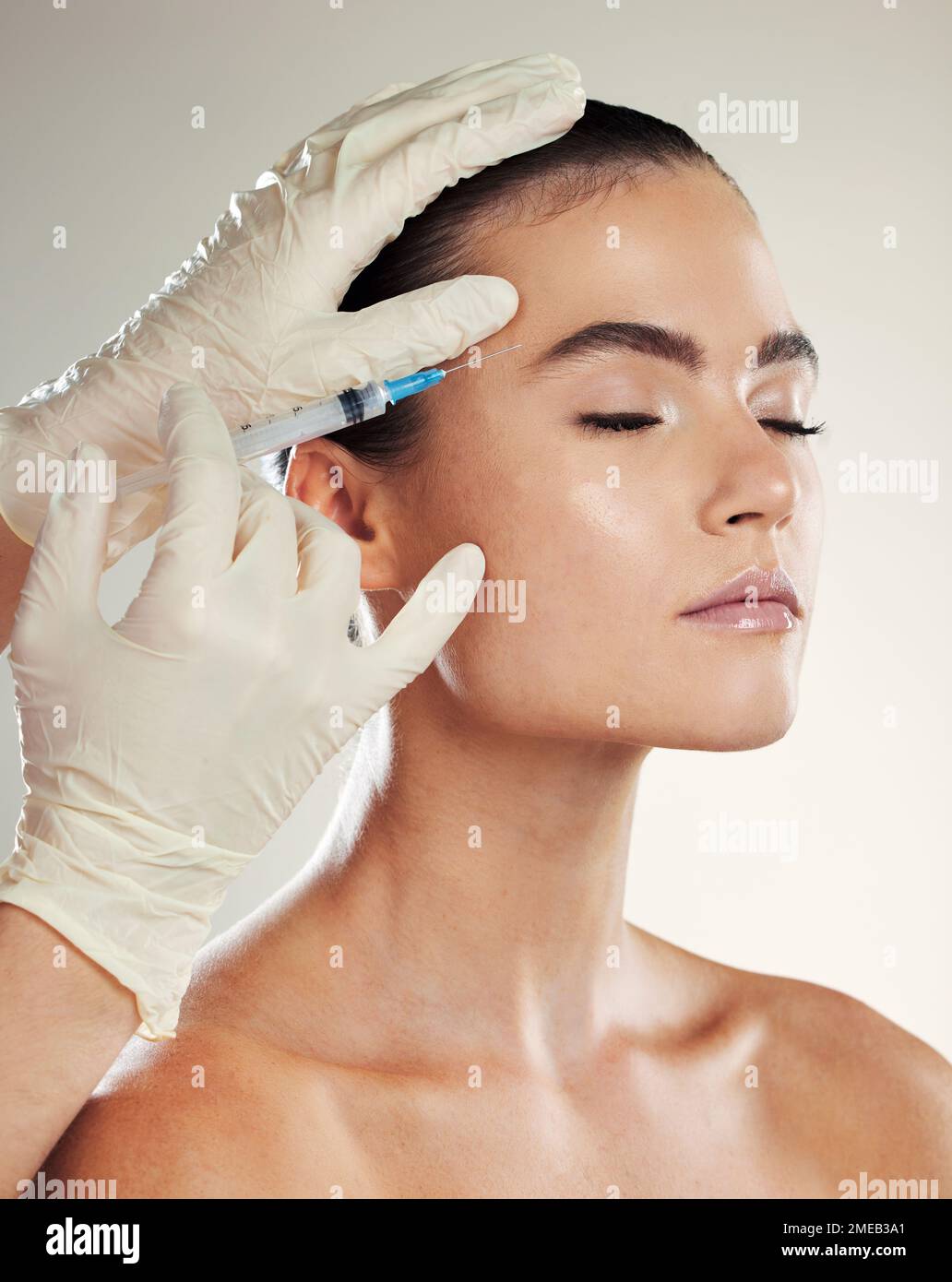 Skincare, woman and needle for botox, cosmetics and procedure for wellness, dermatology and on