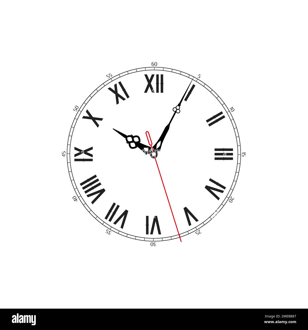 Classic dial with Roman numerals and second hand. Flat vector illustration isolated on white