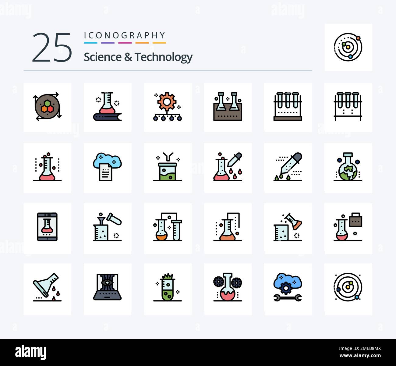 Science And Technology 25 Line Filled icon pack including lab glassware