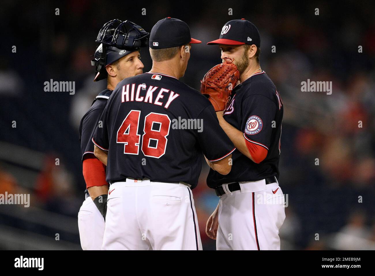 Washington Nationals pitching coach Jim Hickey speaks on a bullpen