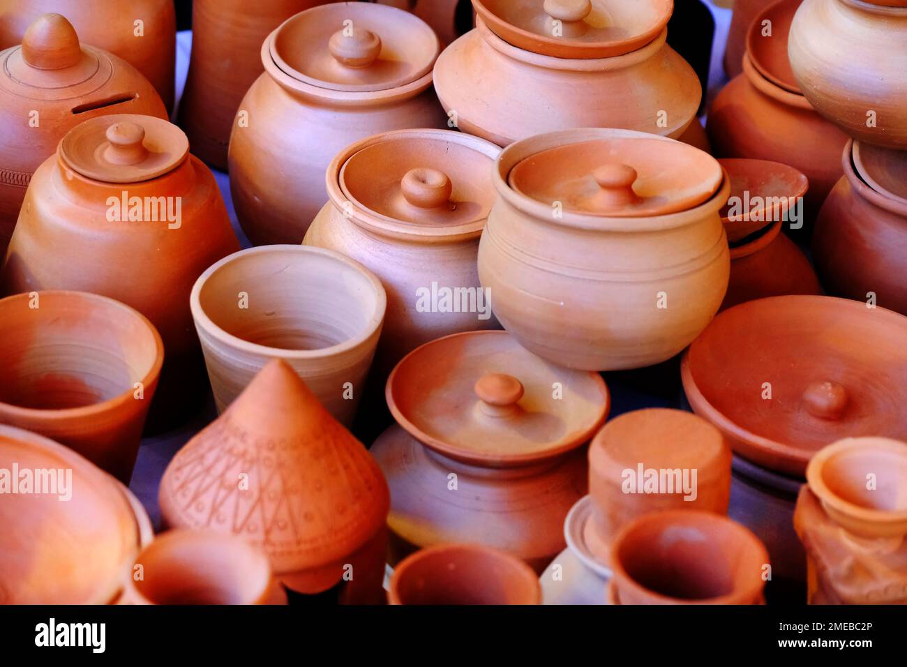 Various terracotta pots and decorative items store, Rows of traditional