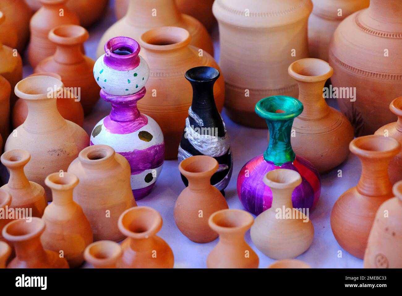 Various terracotta pots and decorative items store, Rows of traditional