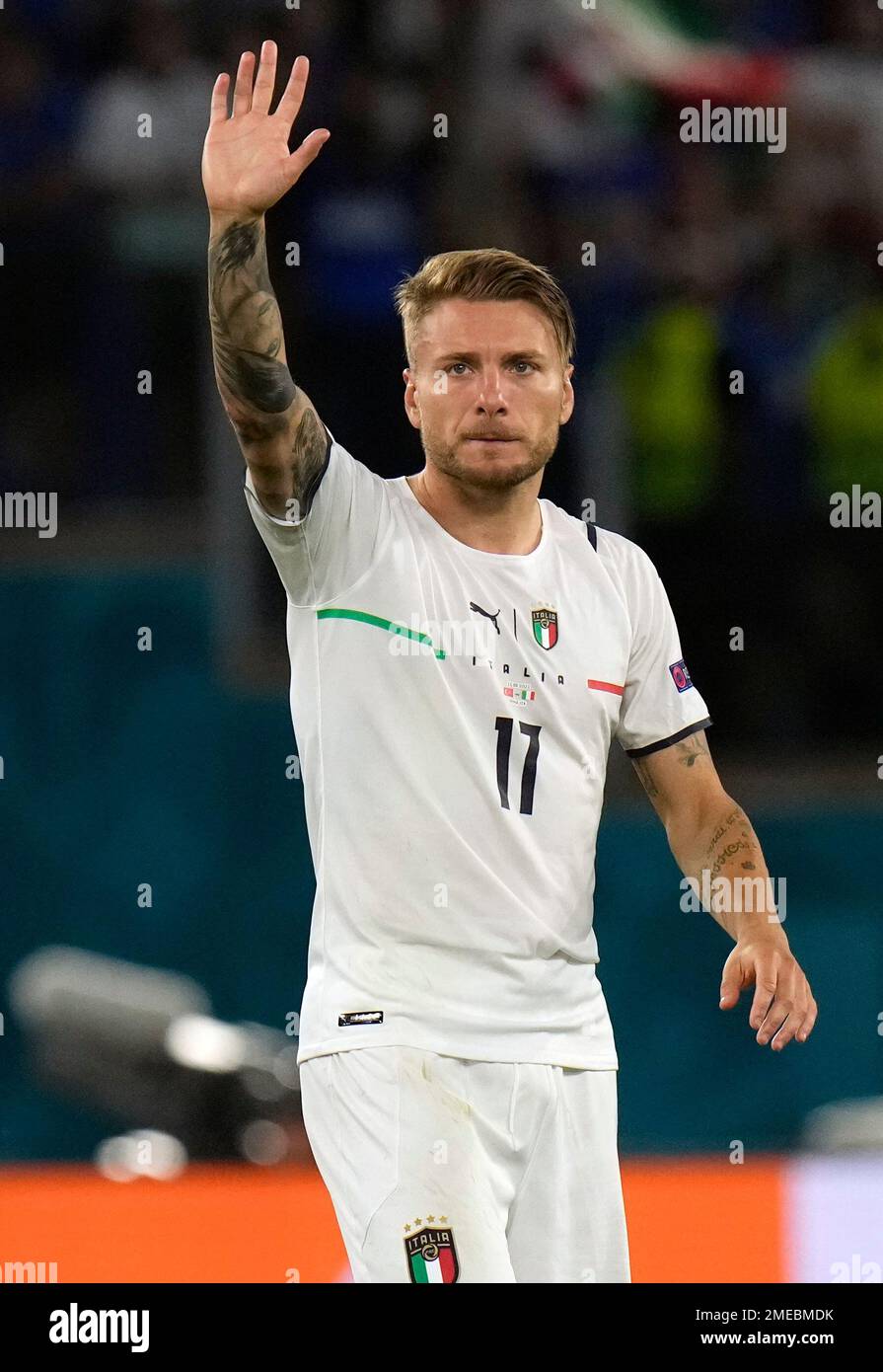 Italy's Ciro Immobile waves to fans after the Euro 2020, soccer