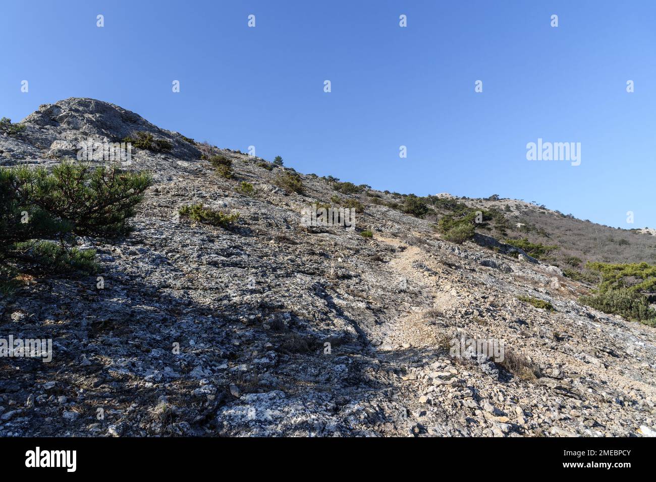 Trail to the top of the Falcon Sokol mountain in spring. Crimea Stock Photo