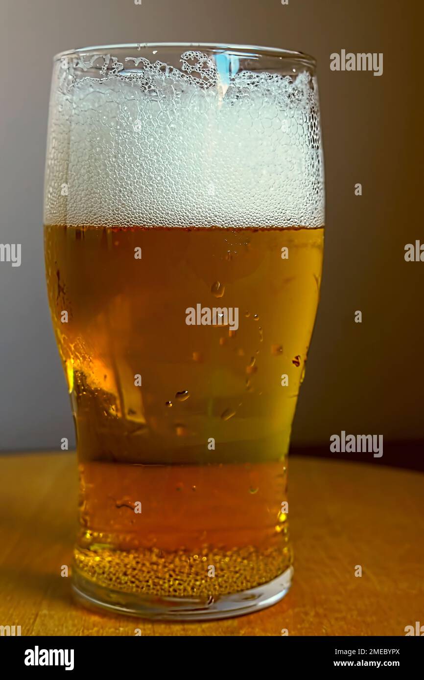 A refreshing glass of amber-coloured beer with foam on top. Stock Photo