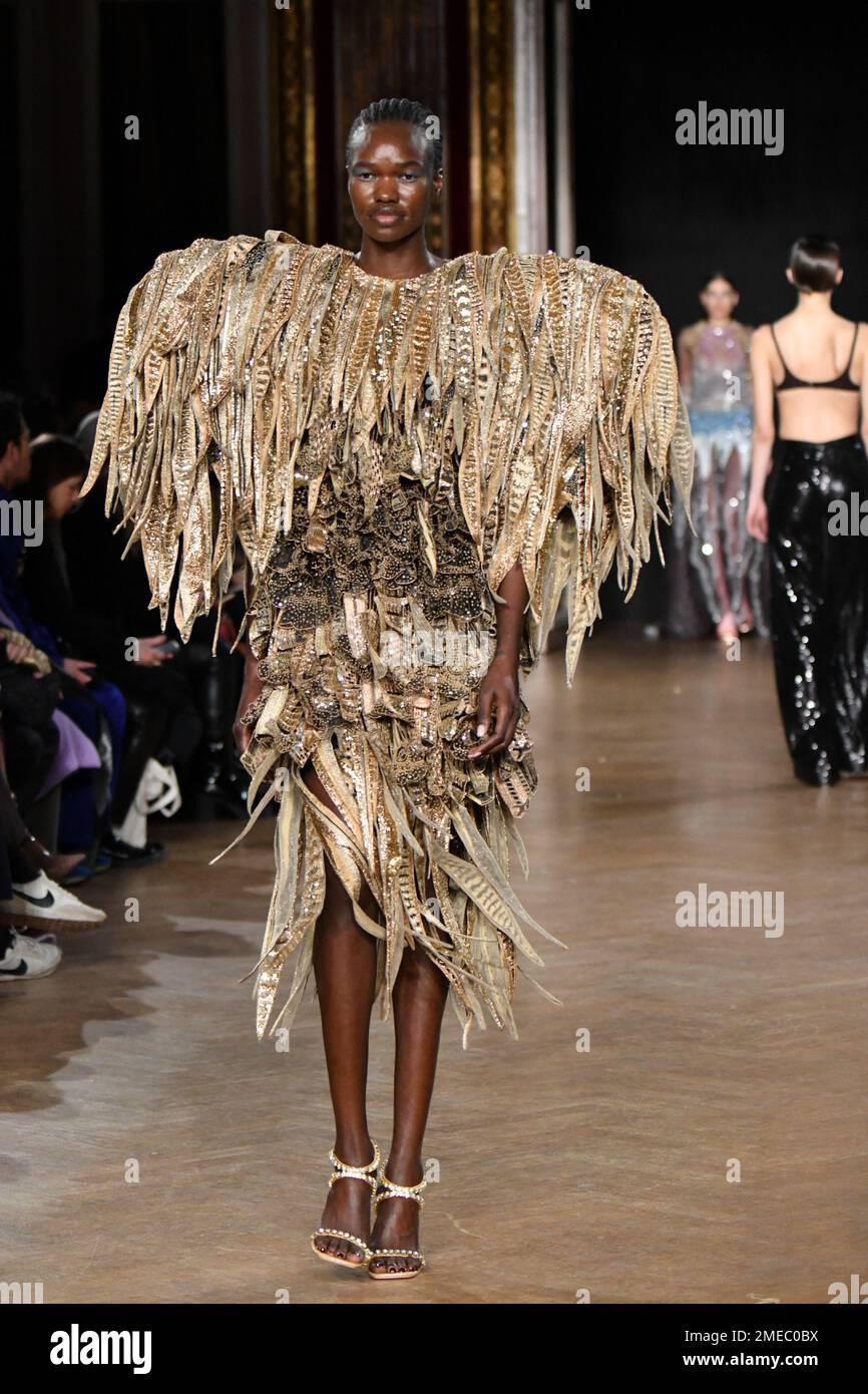 Paris, France. 23rd Jan, 2023. A model walks the runway at the Rahul Mishra Haute  Couture Spring Summer 2023 show as part of Paris Fashion Week on January  23, 2023 in Paris