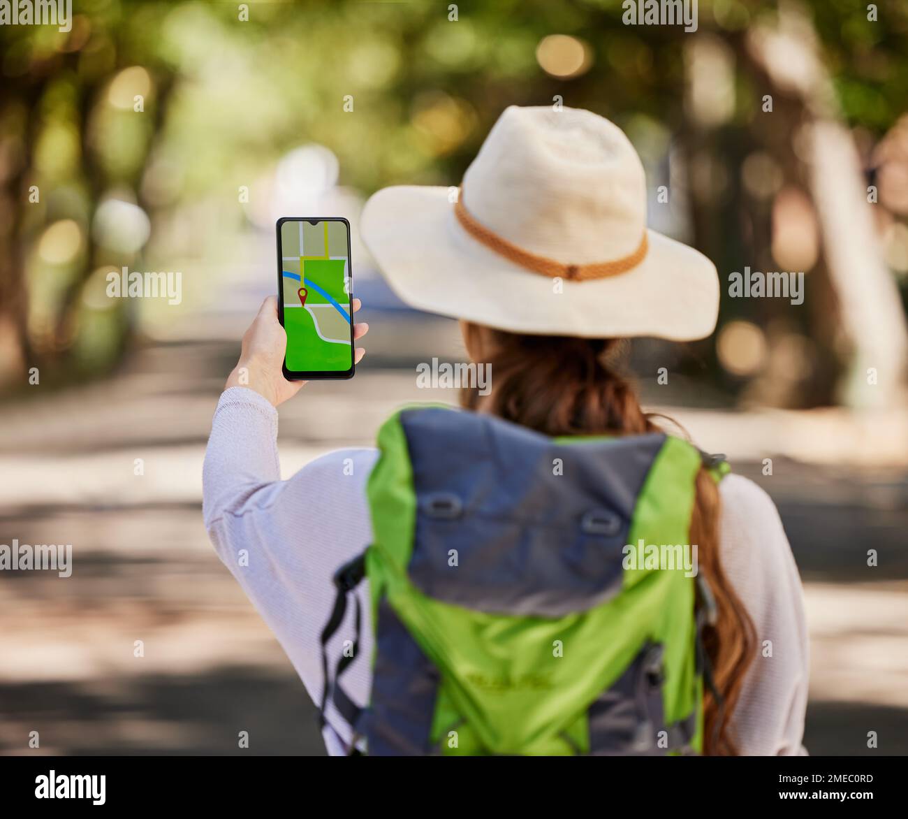 Navigation, phone and woman hiking in a forest for exercise, adventure