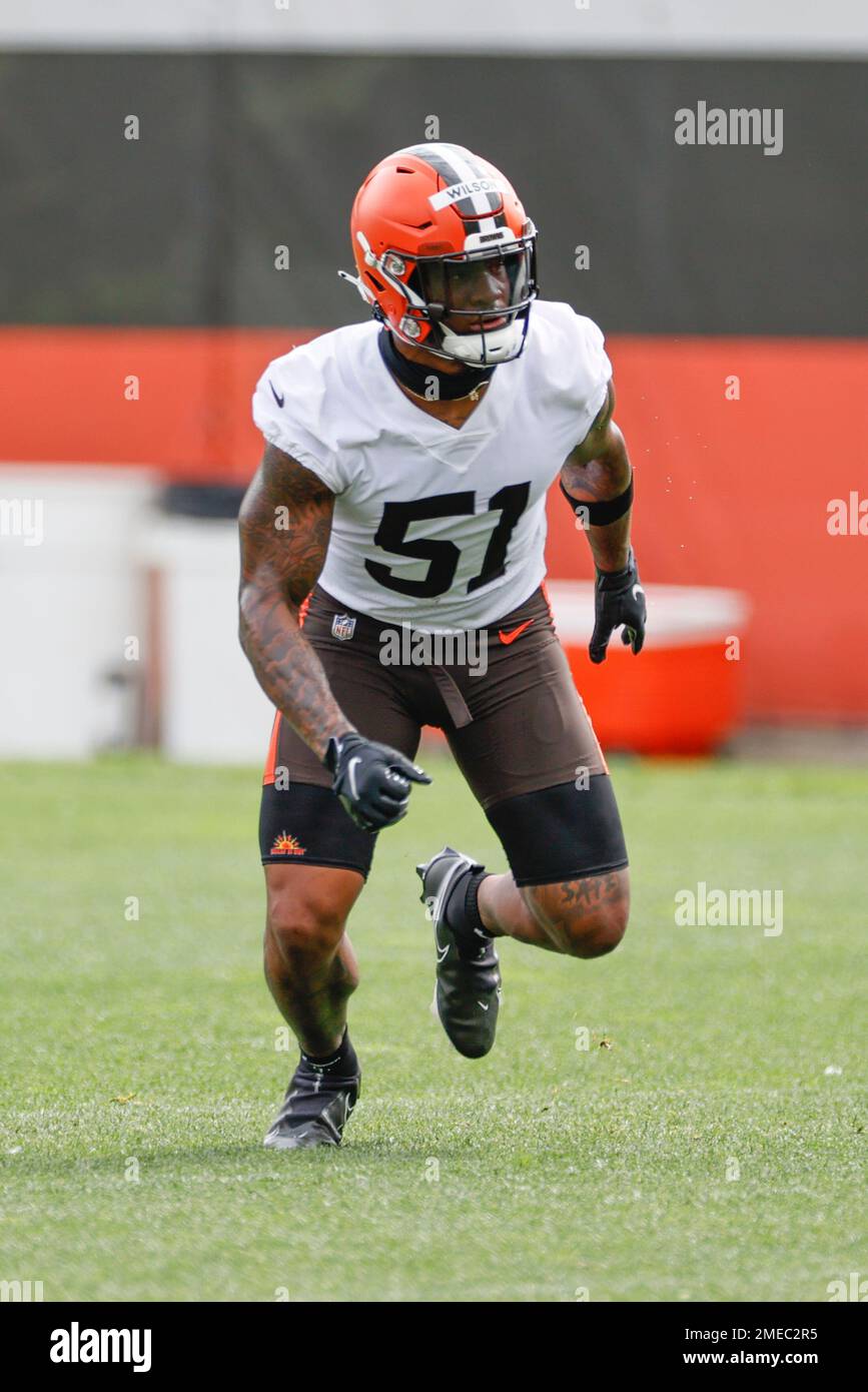 November 14, 2021: Cleveland Browns outside linebacker Mack Wilson Sr. (51)  before the NFL football game between the Cleveland Browns and the New  England Patriots at Gillette Stadium, in Foxborough, Massachusetts. The