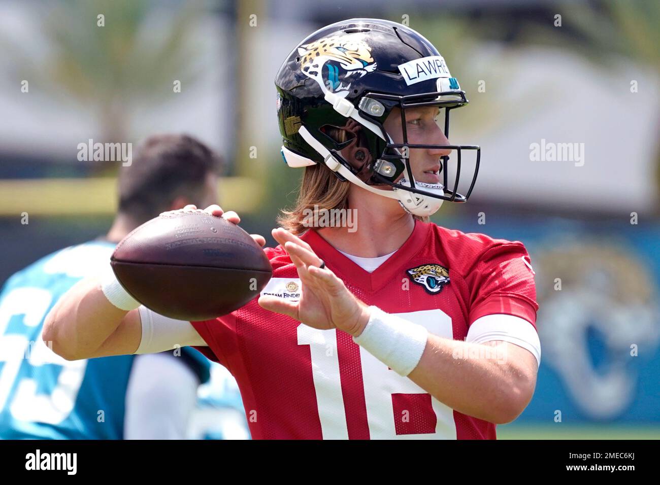 Jacksonville Jaguars quarterback Trevor Lawrence looks for a receiver  during an NFL football team practice, Tuesday, June 8, 2021, in Jacksonville,  Fla. (AP Photo/John Raoux Stock Photo - Alamy