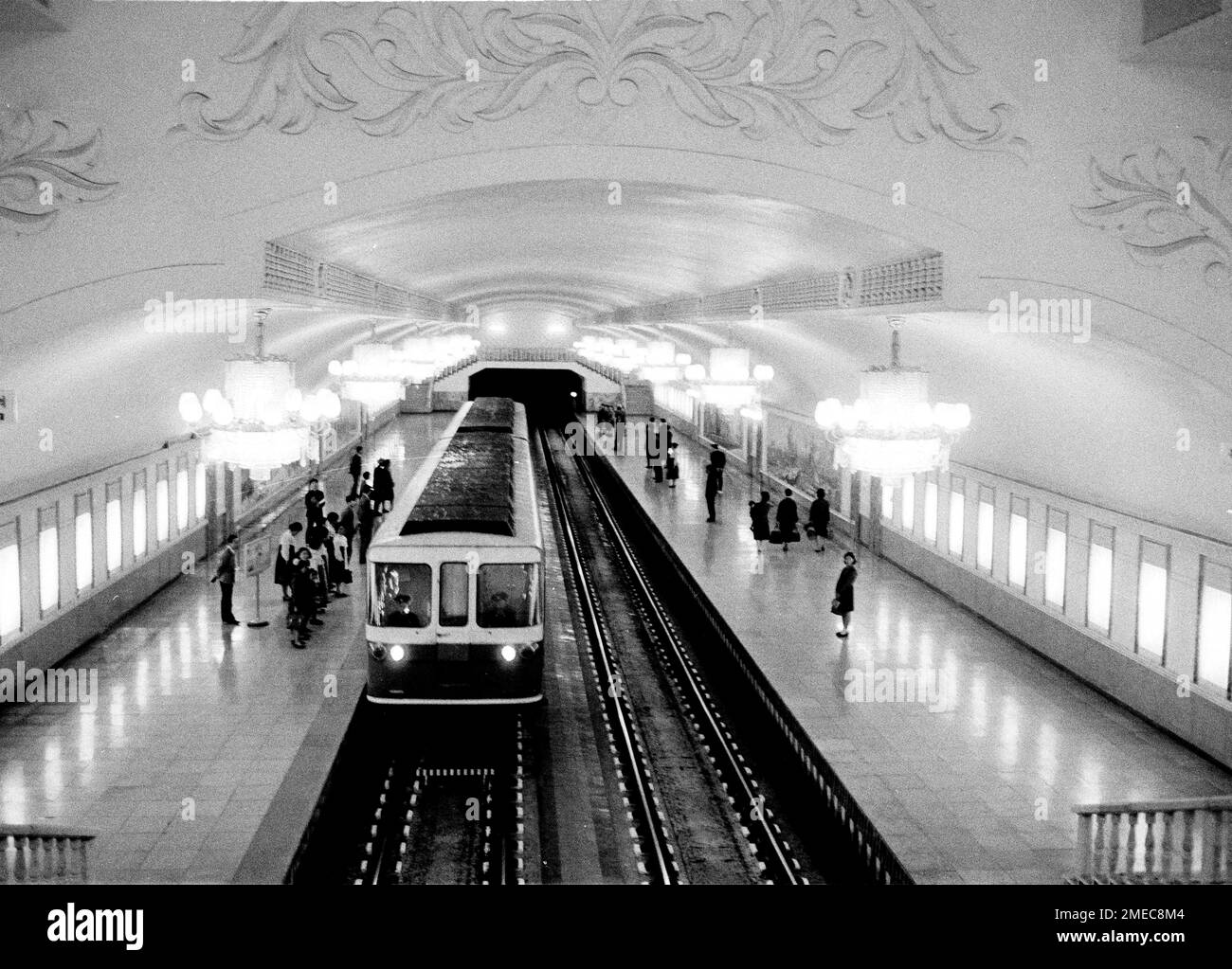 A subway train in Pyongyang, North Korea slows to a halt in a station ...