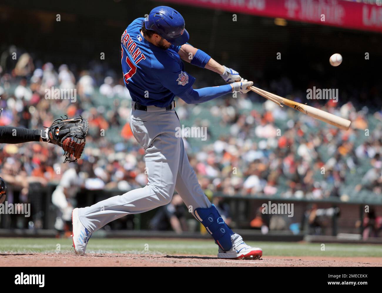 Chicago Cubs' Kris Bryant breaks his bat on a pitch in the fourth inning of  a baseball game against the San Francisco Giants Sunday, June 6, 2021, in  San Francisco. (AP Photo/Scot