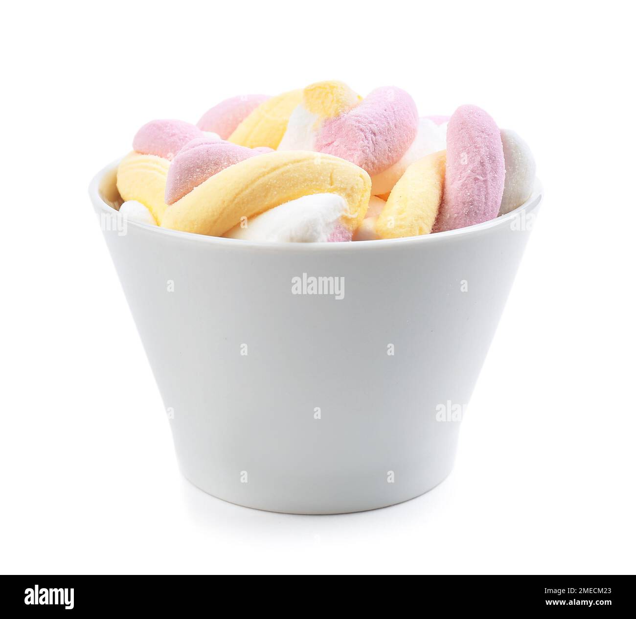 Cup with tasty twisted marshmallows isolated on white background Stock ...