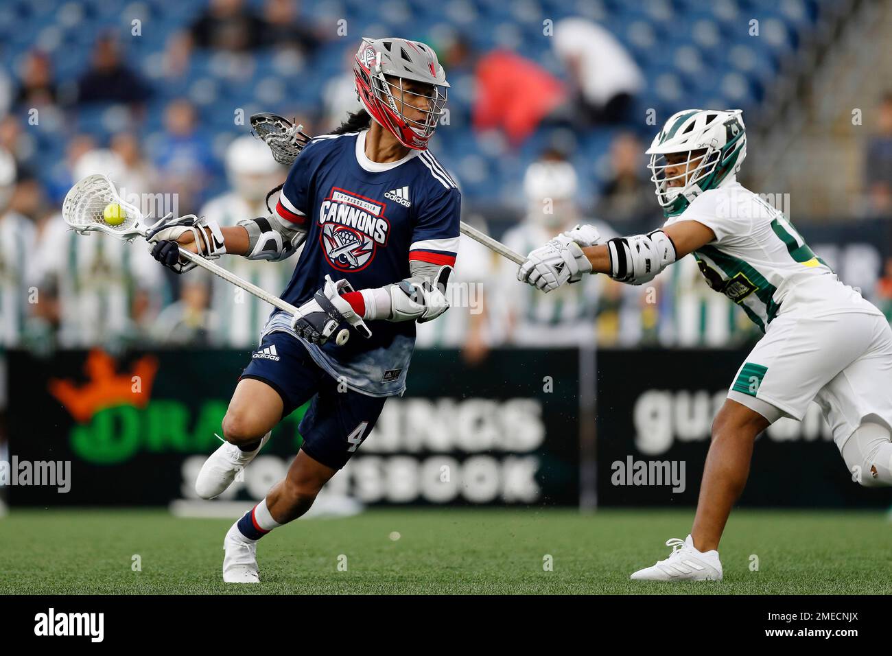 Cannons' Lyle Thompson (4) carries the ball past Redwoods' Patrick Harbeson  (40) during a Premier Lacrosse League game, Friday, June 4, 2021, in  Foxborough, Mass. The Redwoods won 12-11. (AP Photo/Steve Luciano Stock  Photo - Alamy