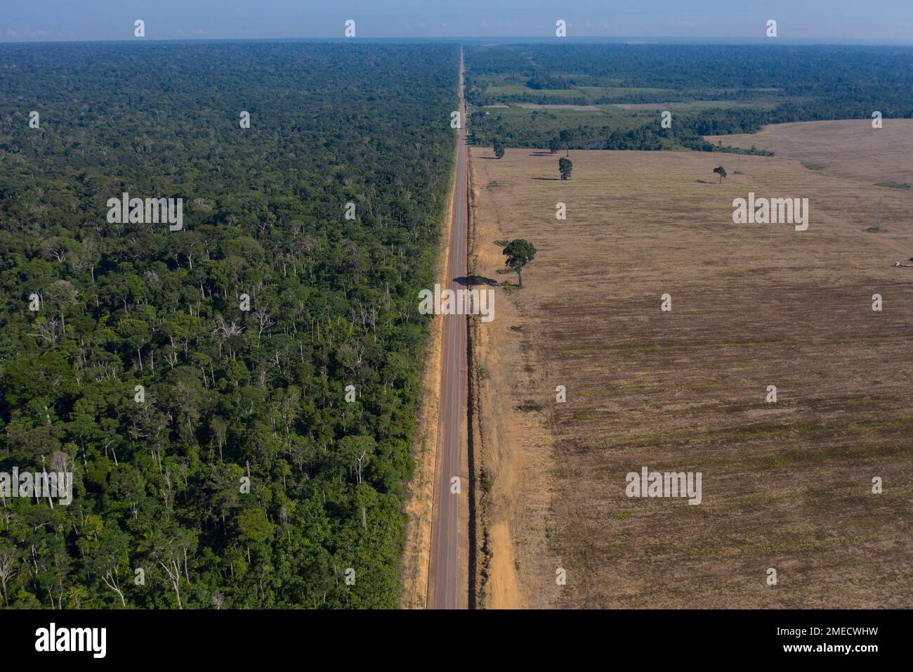 FILE - In this Nov. 25, 2019 file photo, highway BR-163 stretches between the Tapajos National Forest, left, and a soy field in Belterra, Para state, Brazil. Preliminary data released on June 4, 2021, signaled deforestation of Brazil’s Amazon in May 2021 extended this year's surge compared to 2020. (AP Photo/Leo Correa, File) Stock Photo