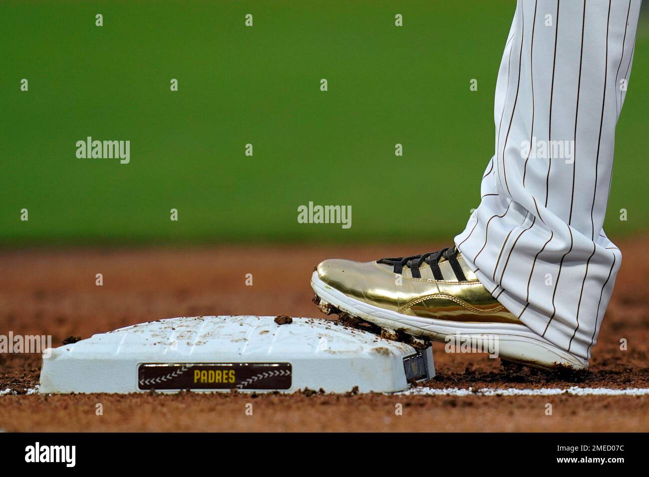 The cleats of Manny Machado of the San Diego Padres are seen