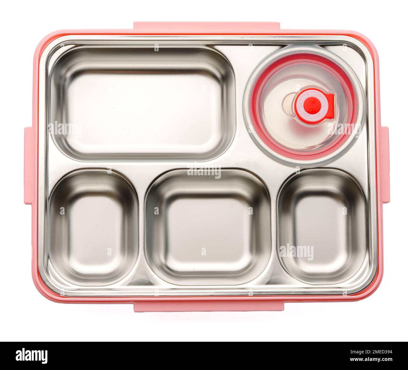 Empty lunch box with metal compartments isolated on white background