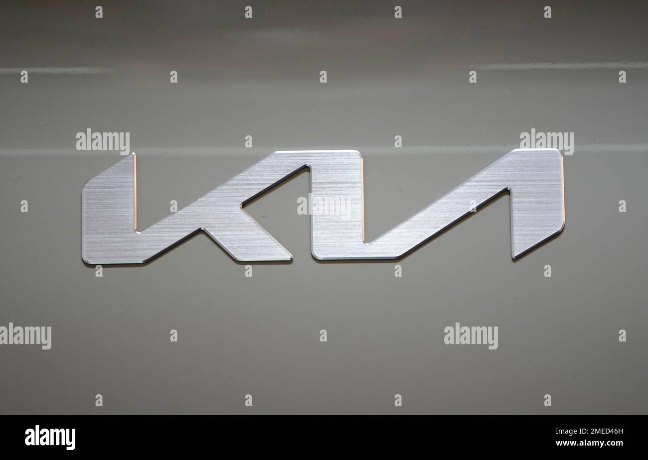 The logo of Kia Corp. is seen on its new electric vehicle EV6 during