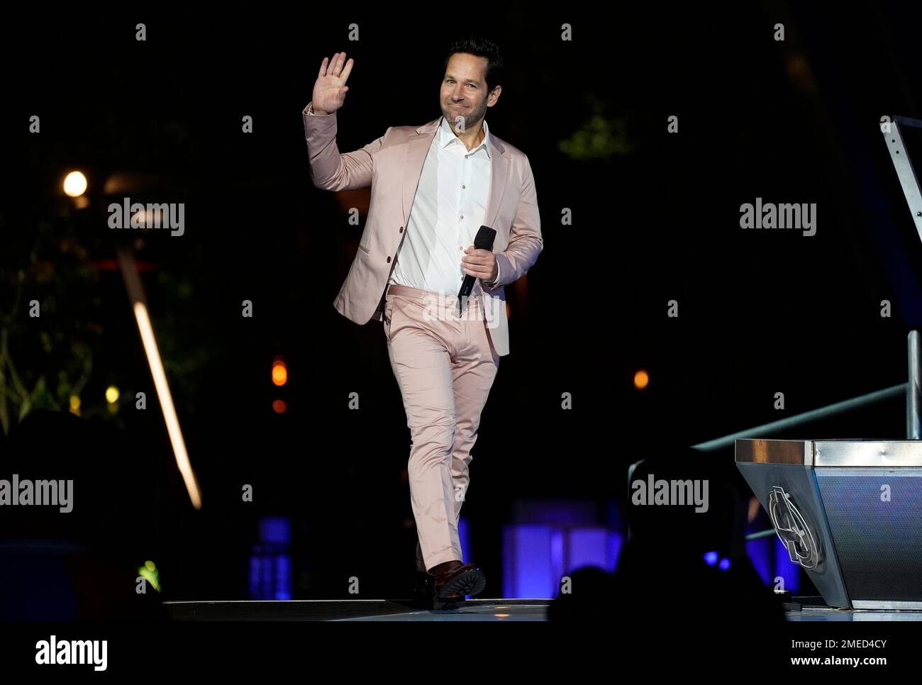 Cali Rudd Paul Rudd walks on stage at the Avengers Campus dedication ceremony at ...