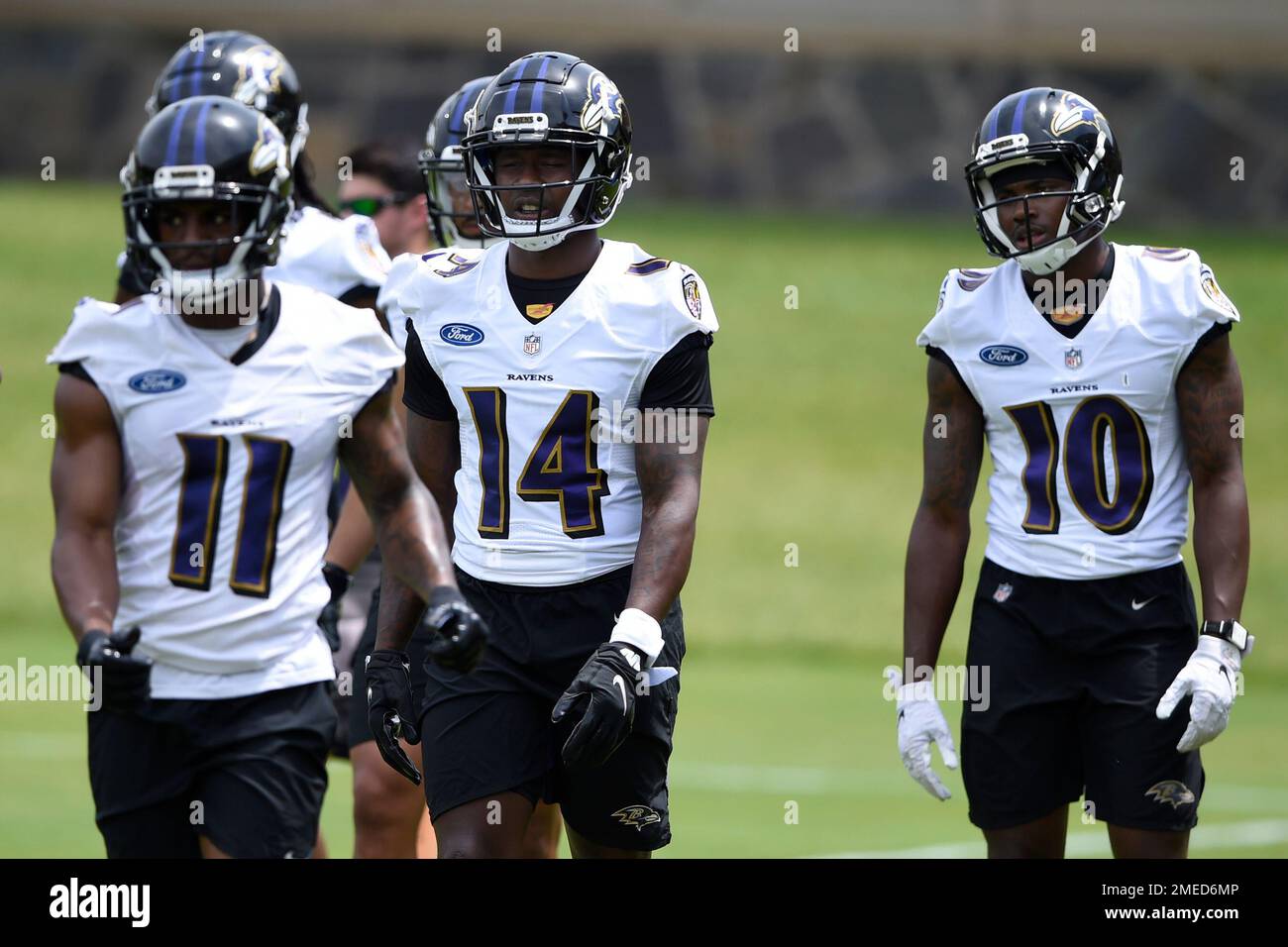 Baltimore Ravens wide receivers, left to right, James Proche II, Sammy Watkins and Jaylon Moore
