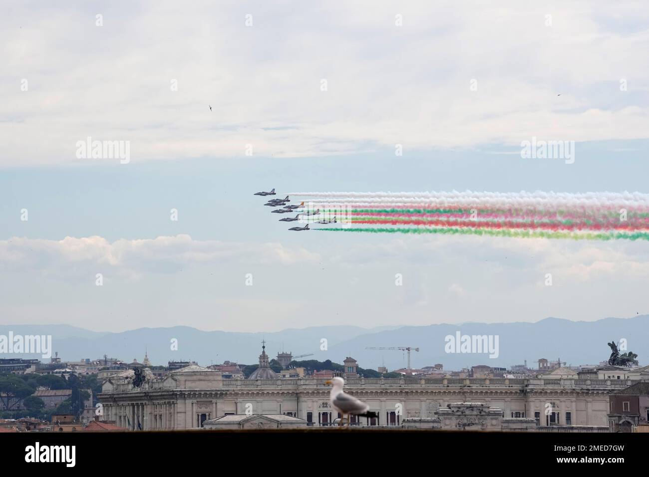The Italian three-color special air force acrobatic team "Frecce Tricolori"  flies over Rome and the Vatican Wednesday, June 2, 2021, as Italy  celebrates the anniversary of its unification. (AP Photo/Andrew Medichini  Stock