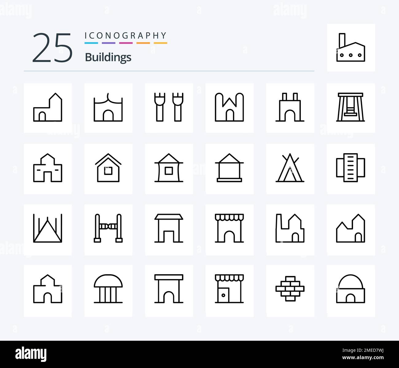 Buildings 25 Line icon pack including building. wigwam. building. tent. shack Stock Vector