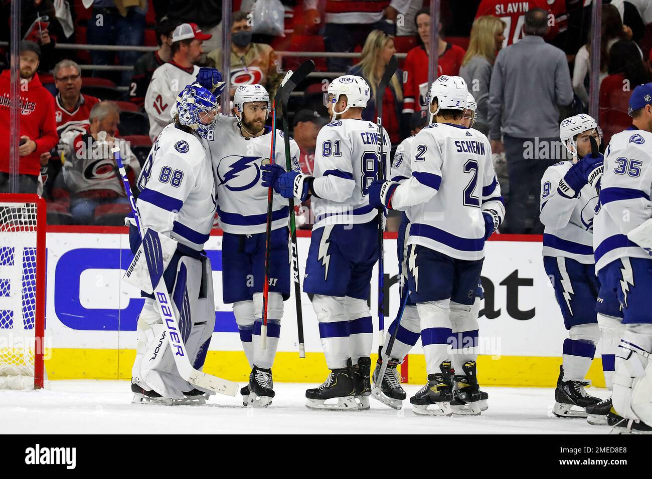 Tampa Bay Lightning players congratulate goaltender Andrei Vasilevskiy