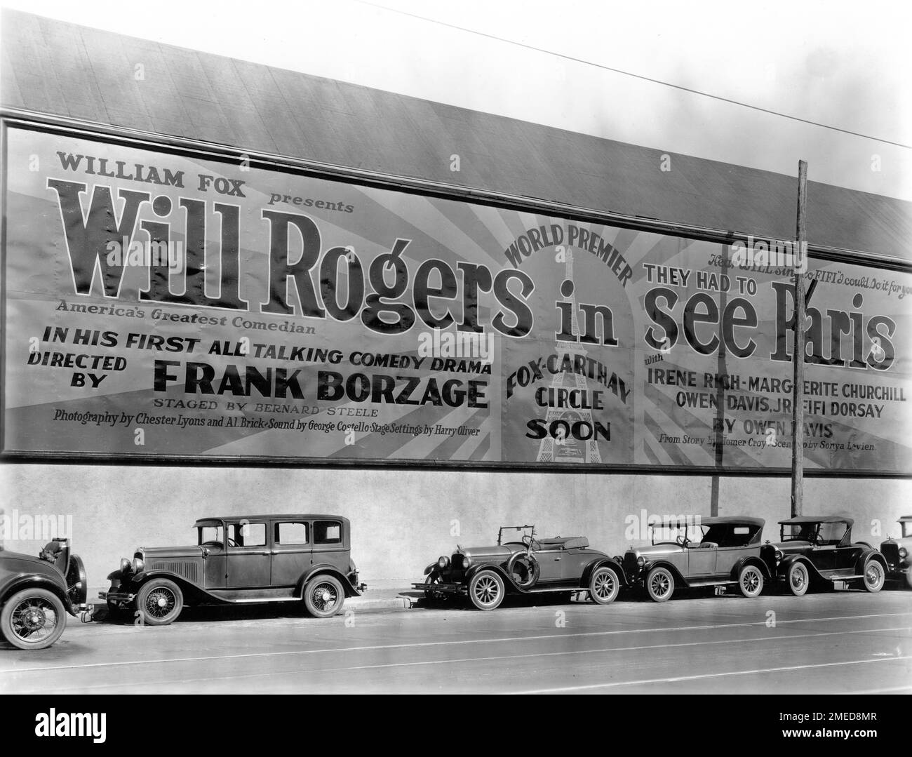 Billboard on outer wall of Fox Studios in Hollywood advertising the forthcoming world premiere at the Fox-Carthay Circle movie theatre of  WILL ROGERS in his first all-talking comedy drama THEY HAD TO SEE PARIS 1929 director FRANK BORZAGE  executive producer / presenter William Fox -  Fox Film Corporation Stock Photo