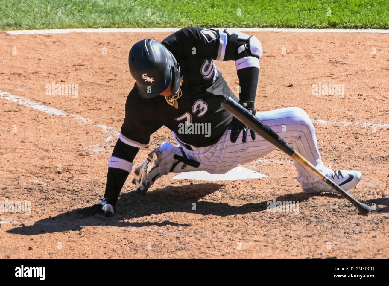 Chicago White Sox's Yermin Mercedes (73) avoids a pitch thrown by