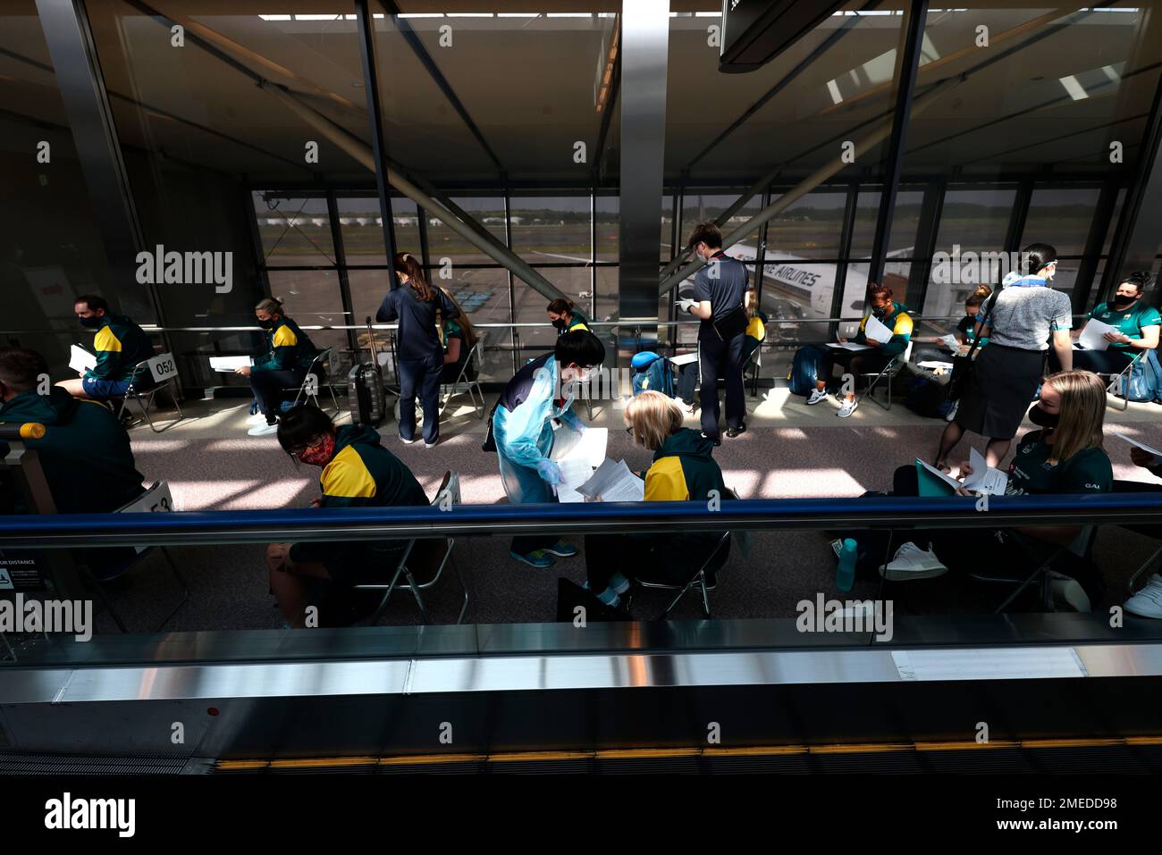 Australian softball national team players wait for the antigen test