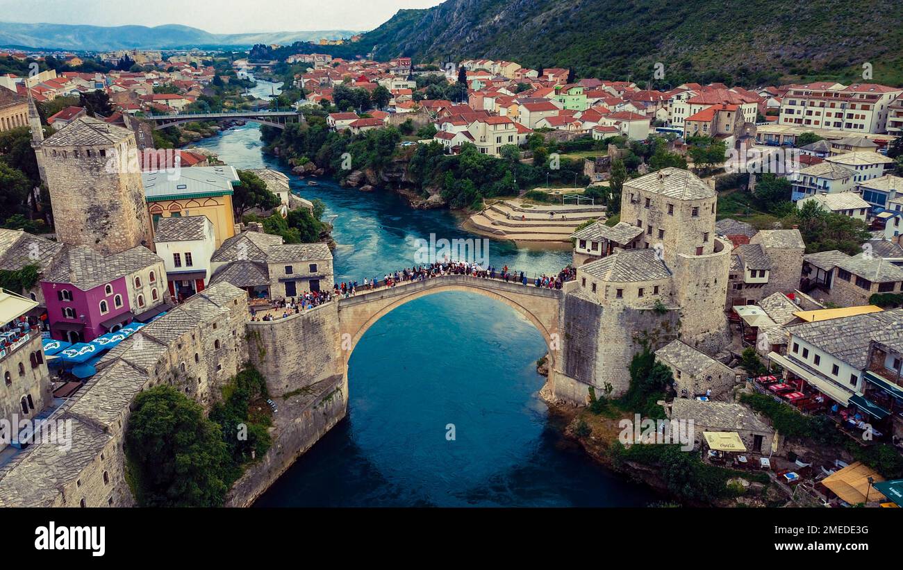 Aerial View to the Old Bridge in the heart of the Old City of Mostar ...