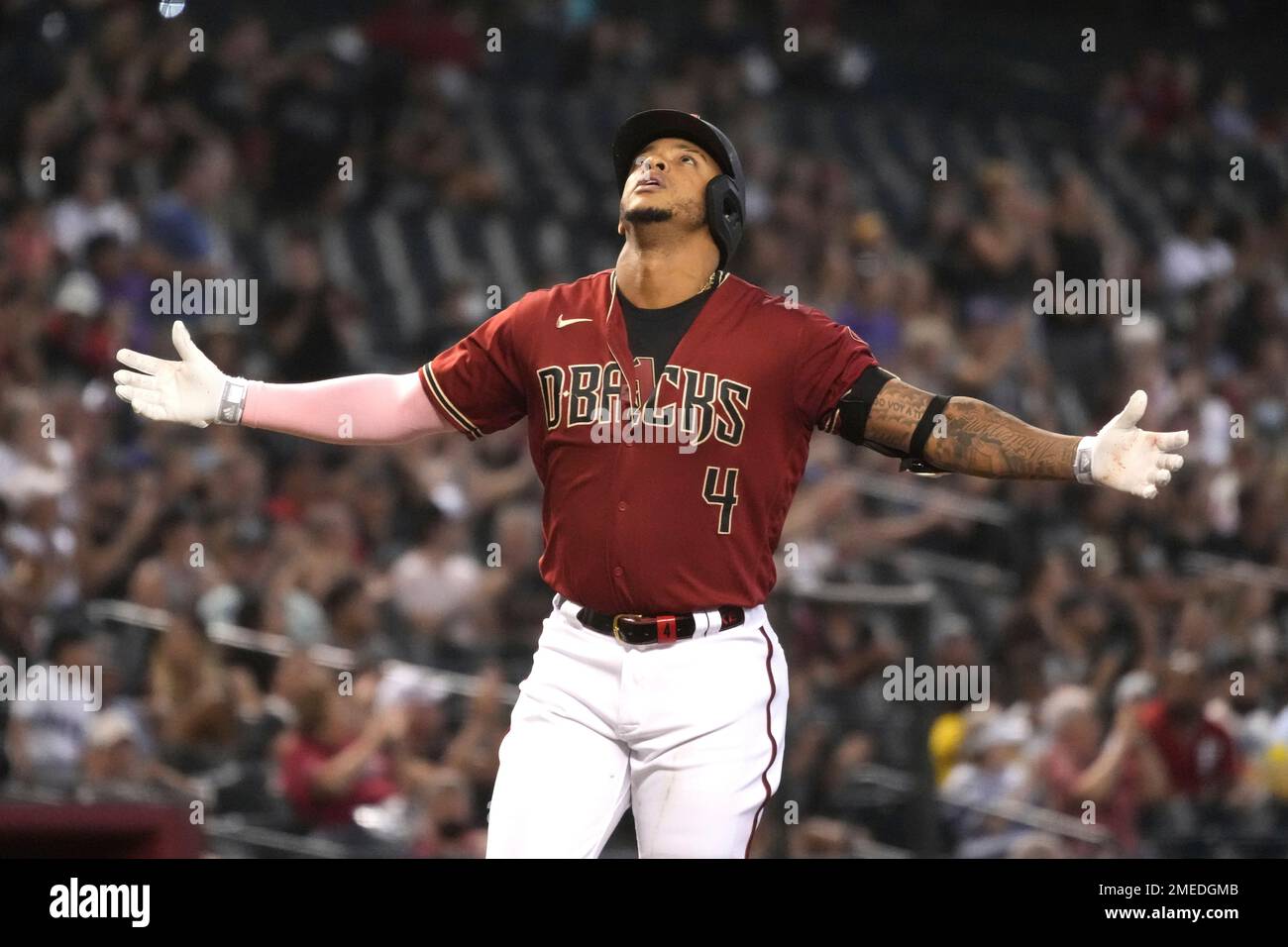 Arizona Diamondbacks' Ketel Marte celebrates after hitting a solo home run  during the eighth inning of a baseball game against the St. Louis Cardinals  Saturday, April 30, 2022, in St. Louis. (AP