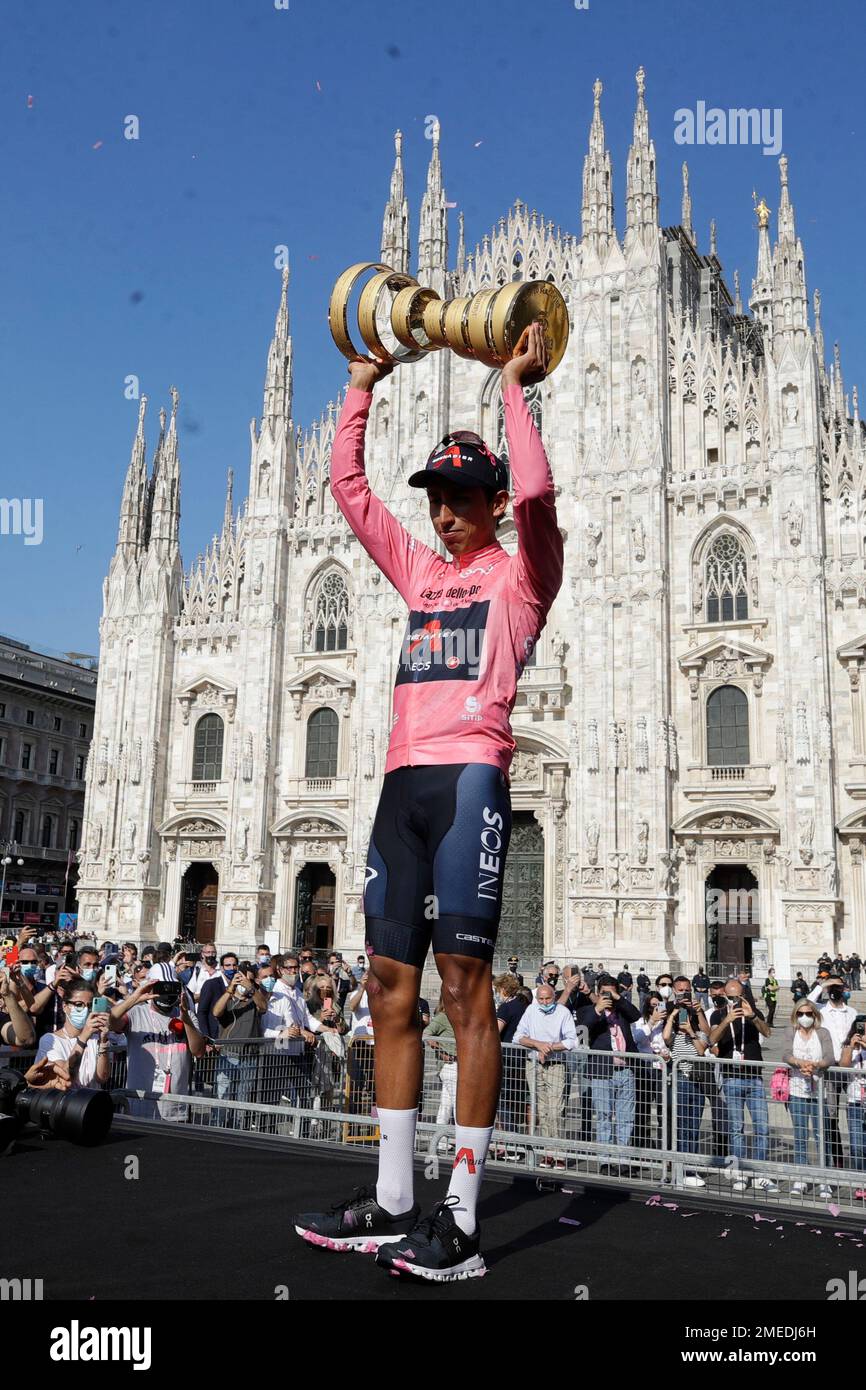 Colombia's Egan Bernal celebrates on podium after completing the final  stage to win the Giro d'Italia cycling race, in Milan, Italy, Sunday, May  30, 2021. (AP PhotoLuca Bruno Stock Photo - Alamy