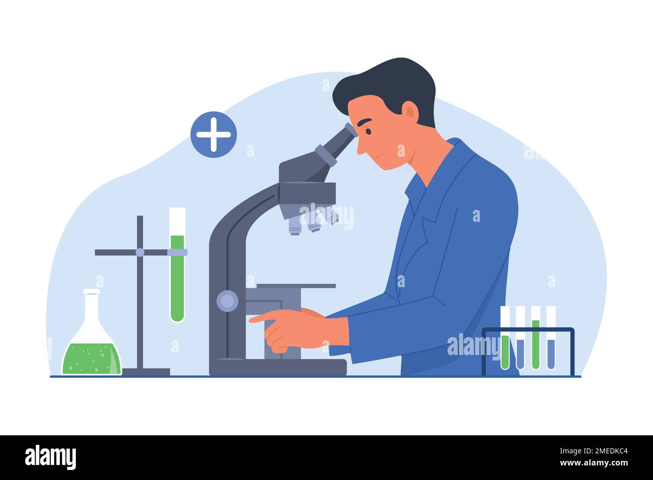 Male Scientist Using Microscope for Experiment in Laboratory Stock Vector