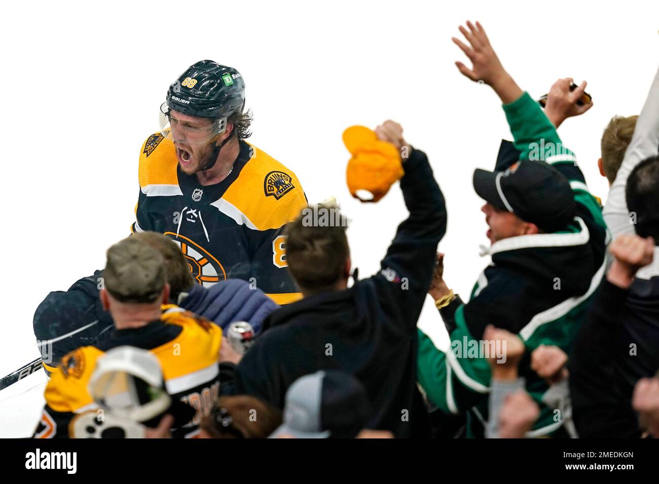 Boston Bruins right wing David Pastrnak (88) celebrates his goal against the New York Islanders in the third period of Game 1 during an NHL hockey second-round playoff series, Saturday, May 29, 2021, in Boston. It was Pastrnak's third goal of the game. (AP Photo/Elise Amendola) Stock Photo