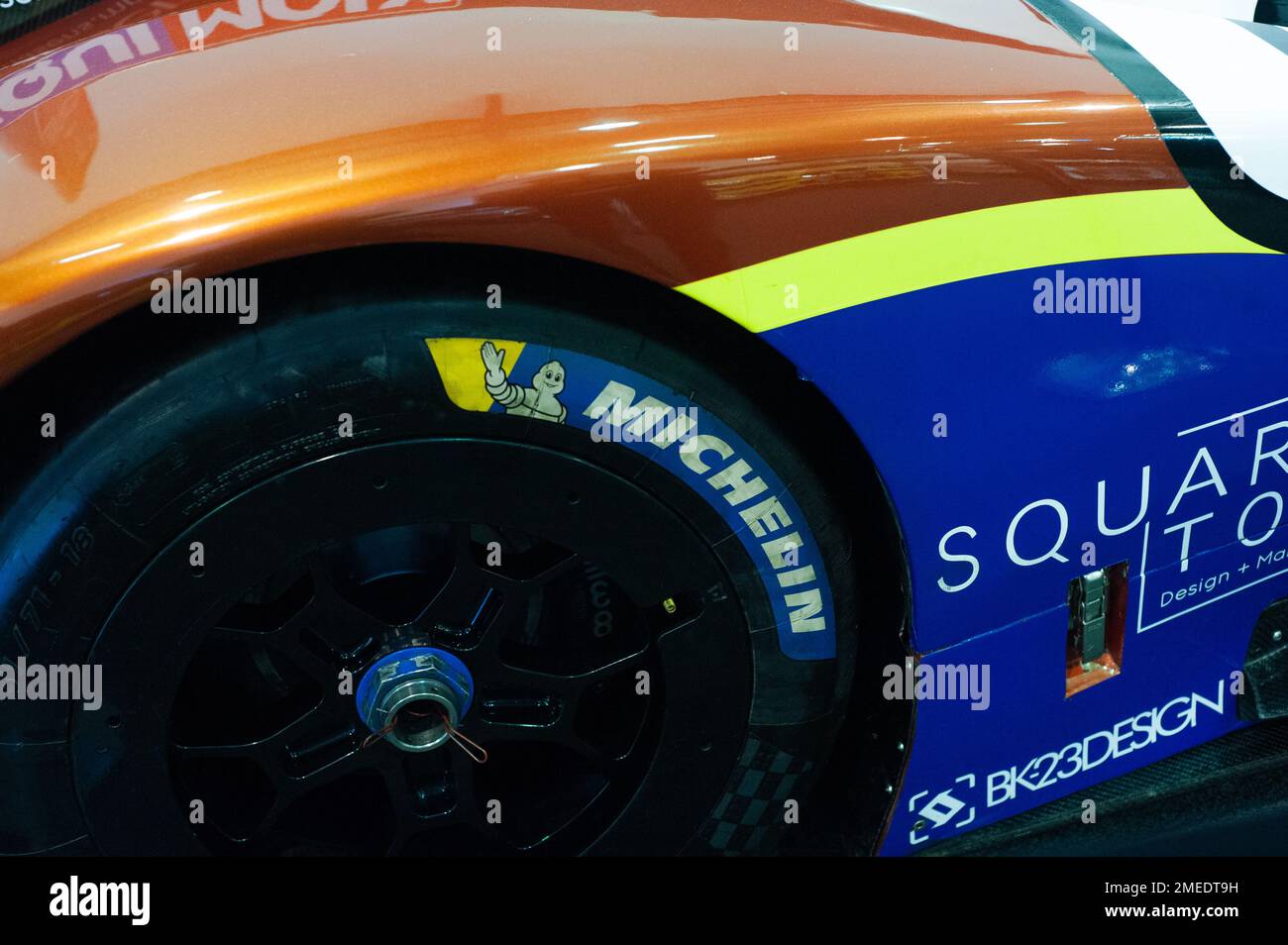 The Michelin Logo is seen in a wheel of a racing car during the MCM Car Show in Bogota, Colombia, the biggest auto show in latin america, on January 20, 2022. Photo by: Chepa Beltran/Long Visual Press Stock Photo