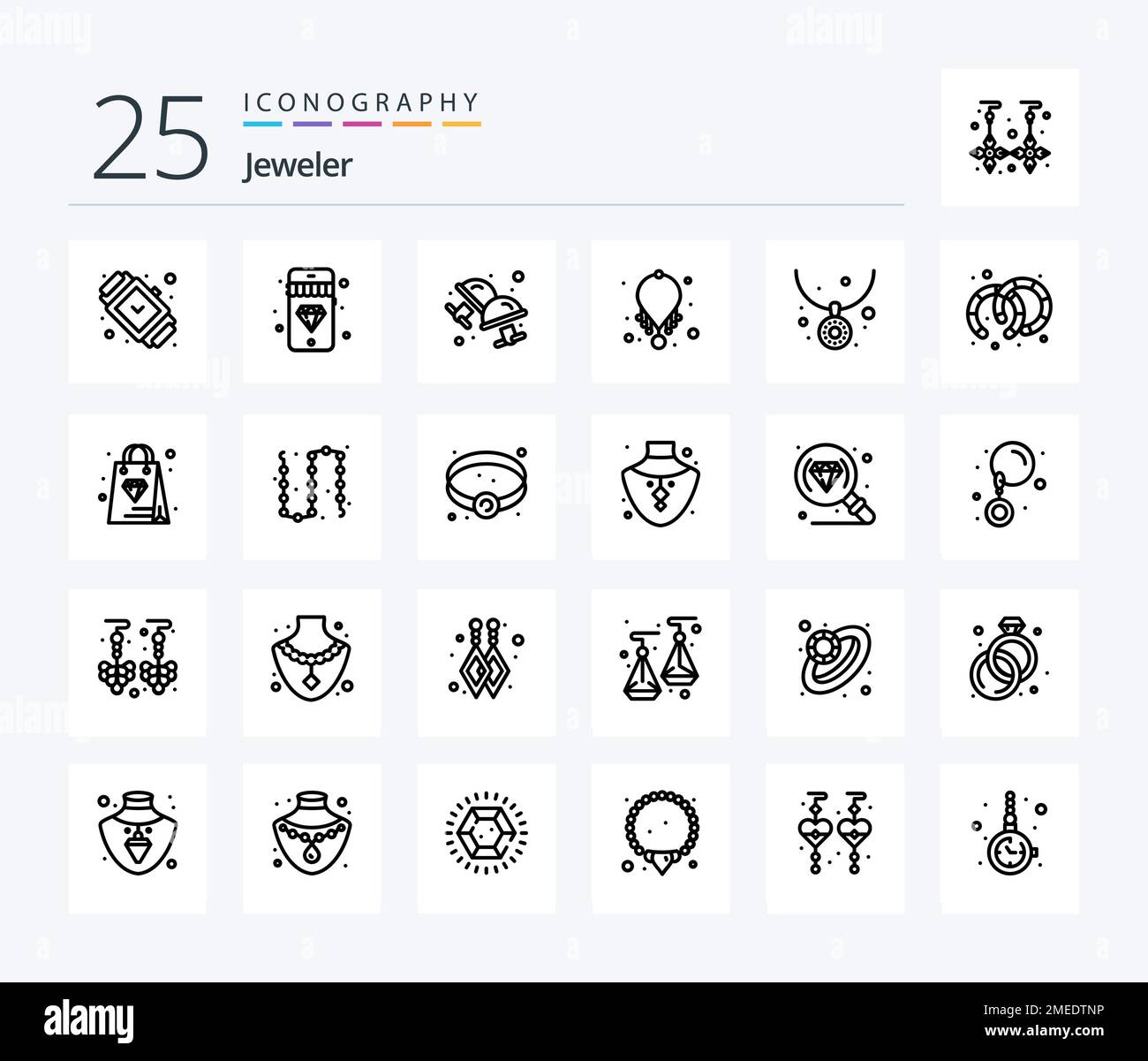 Jewellery 25 Line icon pack including hoops. necklace. cuff. jewelry. accessories Stock Vector