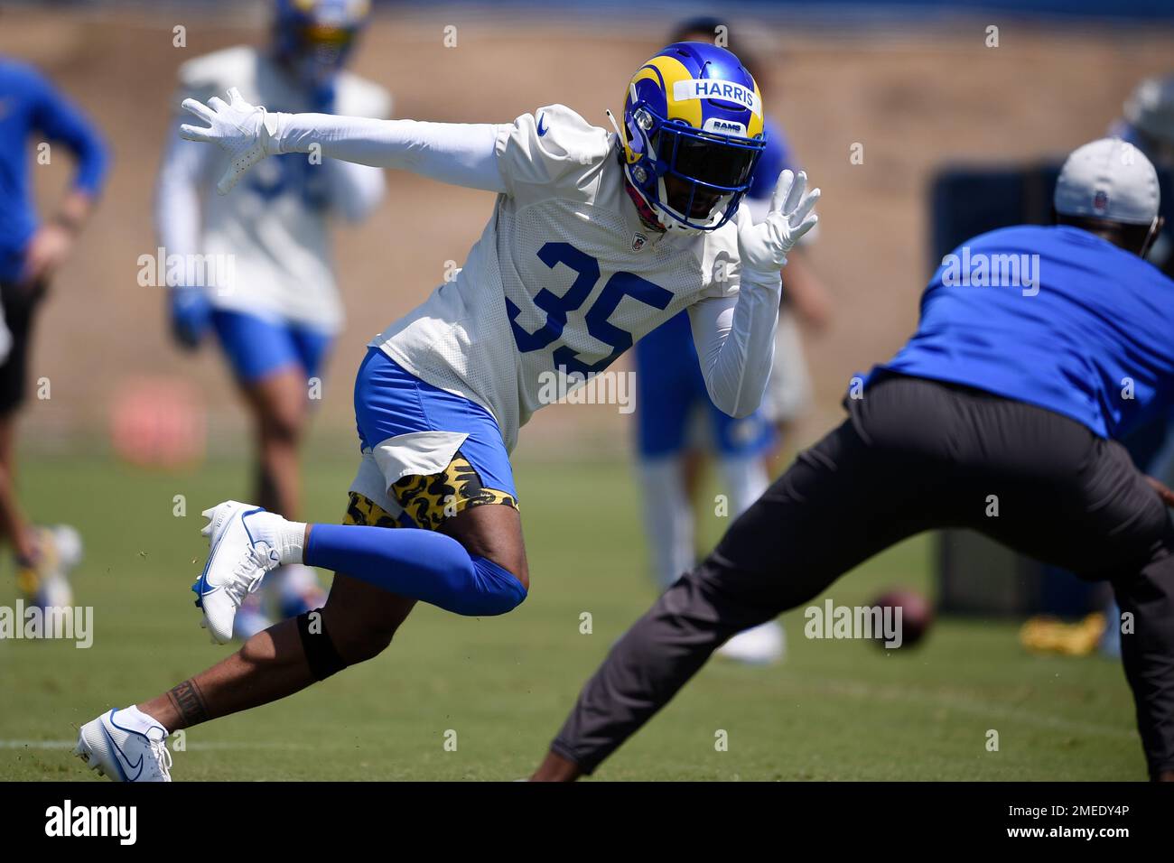 Inglewood, United States. 21st Aug, 2021. Los Angeles Rams celebrate after  an interception by defensive back Brontae Harris (35) during a NFL preseason  game against the Las Vegas Raiders, Saturday, August 21