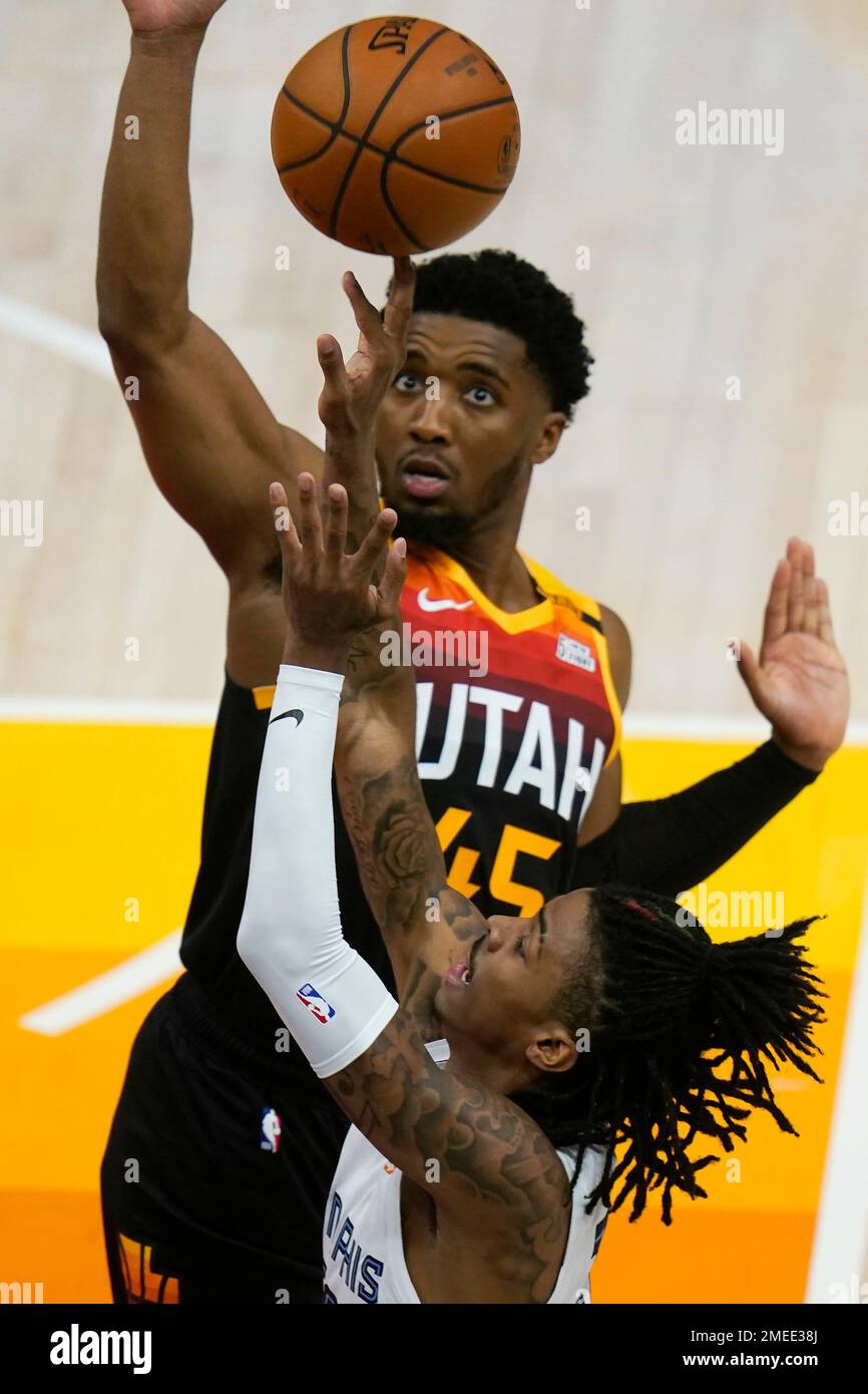 Utah Jazz guard Donovan Mitchell (45) guards Memphis Grizzlies guard Ja