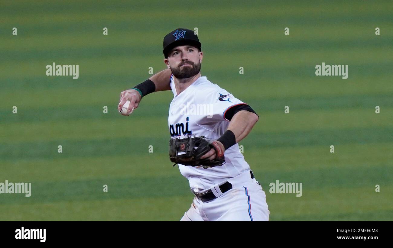 Cleveland Guardians' Josh Naylor looks on during the second inning of a  baseball game against the Miami Marlins, Sunday, April 23, 2023, in  Cleveland. (AP Photo/Nick Cammett Stock Photo - Alamy