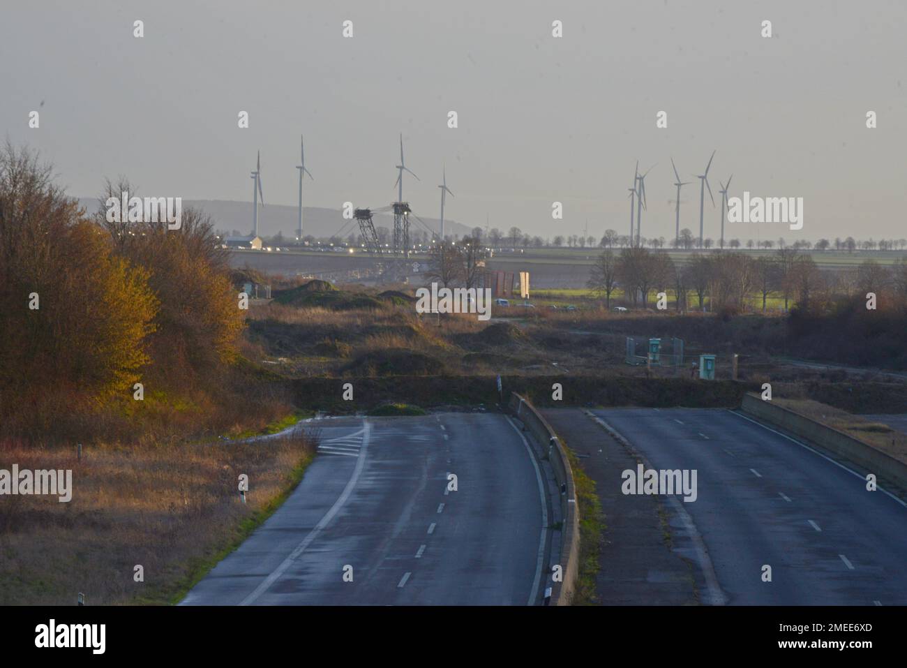 Cut off road at Garzweiler II lignite coal mine, Germany. Roads & villages have been removed for the mine expansion, site of climate  change protests Stock Photo