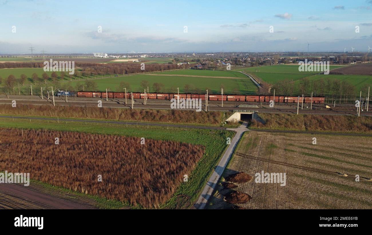 RWE coal train carrying lignite to Neurath power station from the controversial Garzweiler II opencast mine, site of climate change protests Jan 2022 Stock Photo
