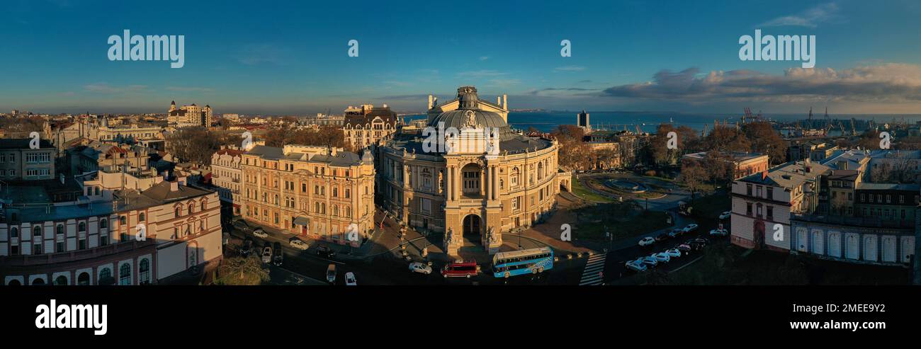 Panorama the national opera and ballet theatre and urbane landscape in Odessa Ukraine. Drone footage and sunset light Stock Photo