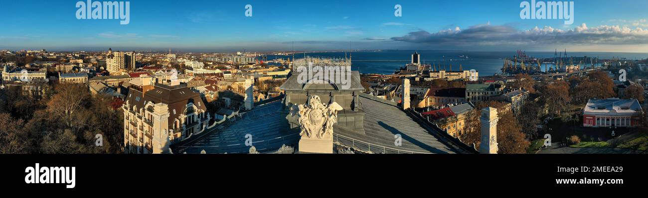 Panorama urbane landscape with roof the national opera and ballet theatre and sea port in Odessa Ukraine. Drone footage and sunny day Stock Photo