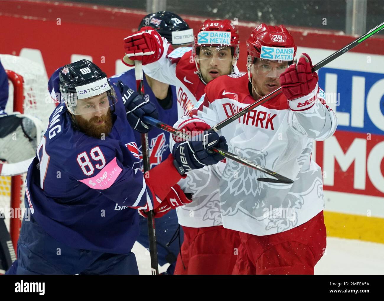 Riga, Olympic Sports Centre, Denmark. 28th May, 2021. vs Belarus (2021 IIHF  Ice Hockey World Championship), #13 Mikhail Stefanovich (Belarus) scores  and celebrates with #17 Yegor Sharangovich (Belarus) and #12 Alexei Protas (